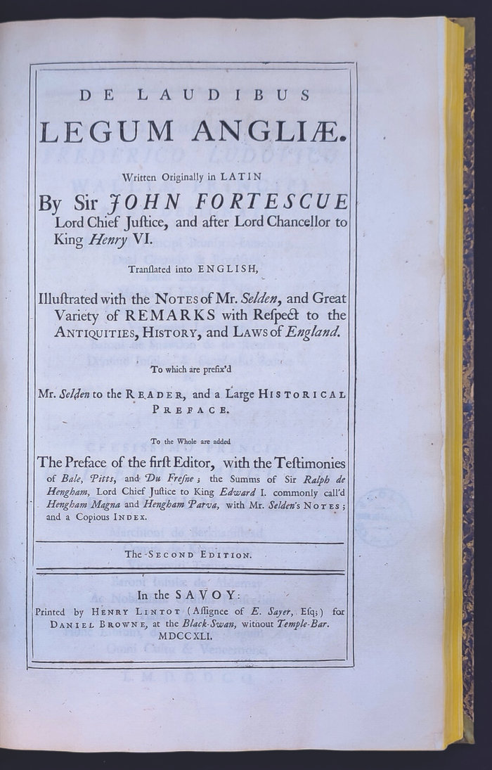 Page de titre de De Laudibus legum Angliæ